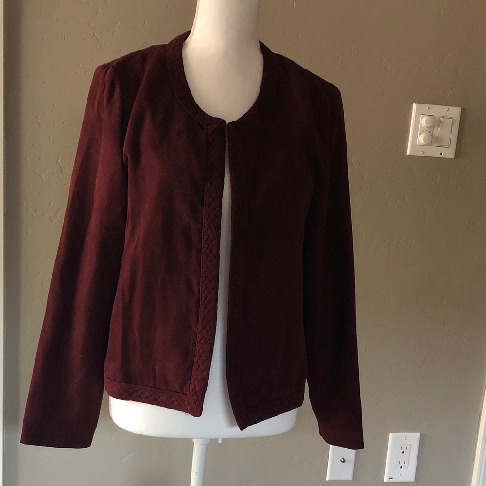 Christopher & Banks Burgundy Open-Front Blazer with Braided Trim